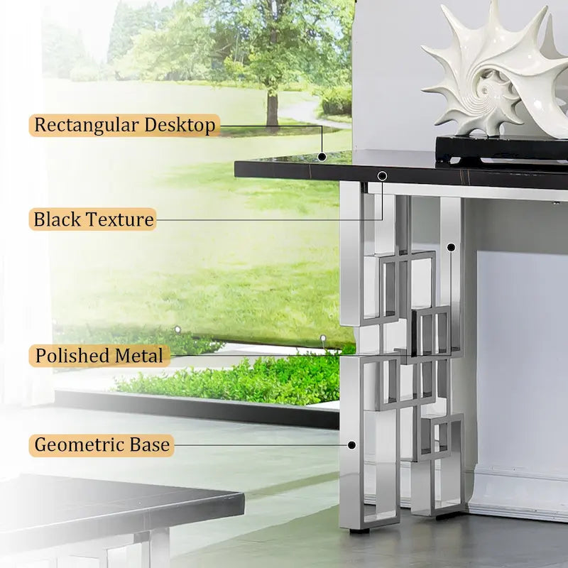 Console moderne Table de canapé de 140 cm avec plateau haute brillance et base en métal miroir pour entrée et salon
