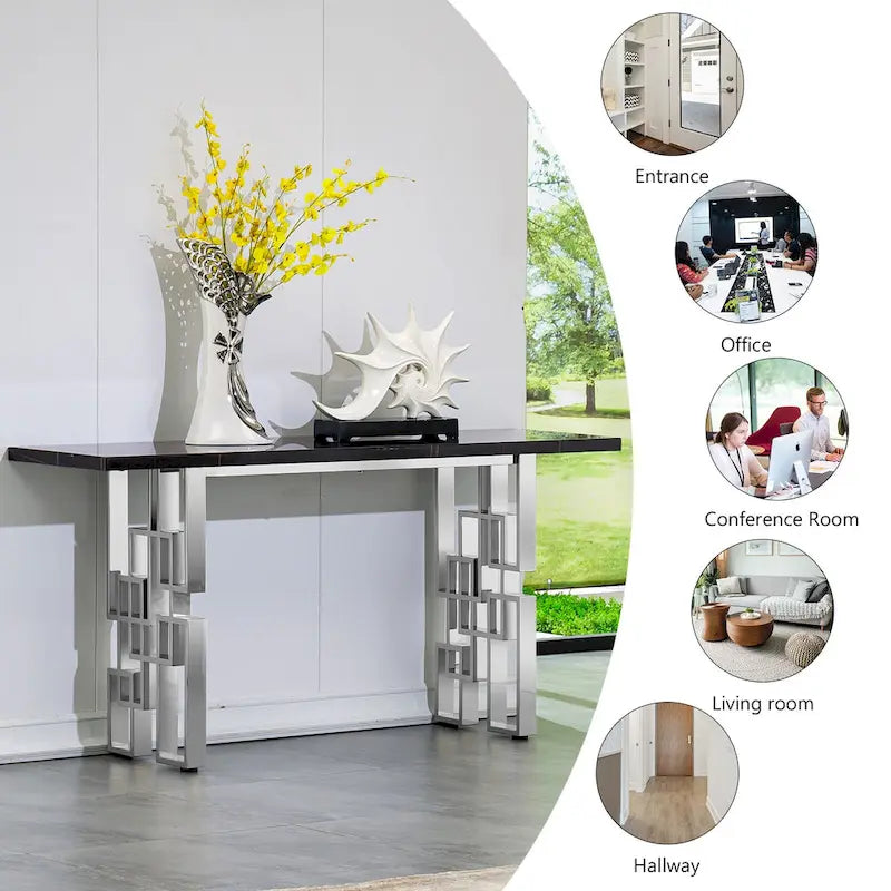 Console moderne Table de canapé de 140 cm avec plateau haute brillance et base en métal miroir pour entrée et salon