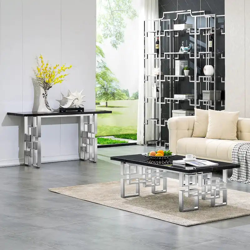 Console moderne Table de canapé de 140 cm avec plateau haute brillance et base en métal miroir pour entrée et salon
