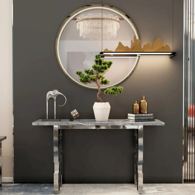 Console moderne Table de canapé de 140 cm avec plateau haute brillance et base en métal miroir pour entrée et salon
