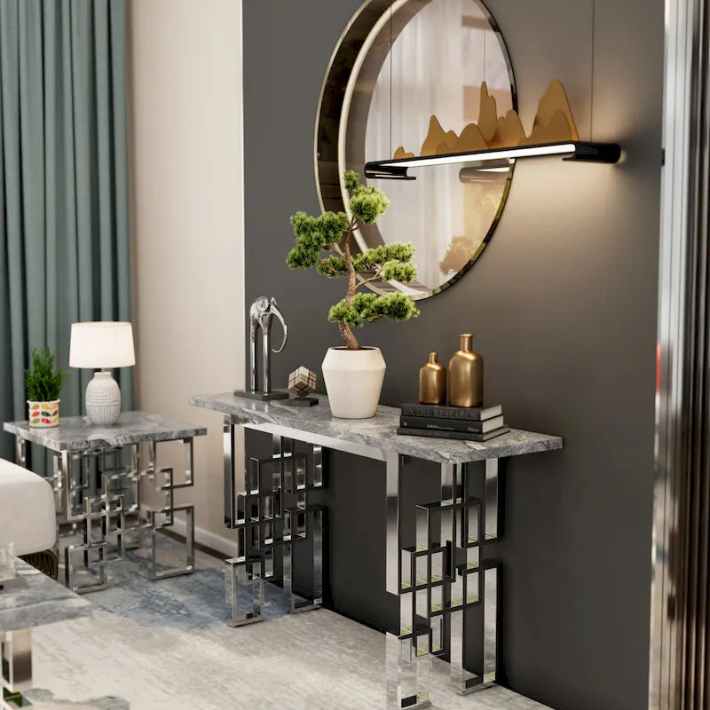 Console moderne Table de canapé de 140 cm avec plateau haute brillance et base en métal miroir pour entrée et salon