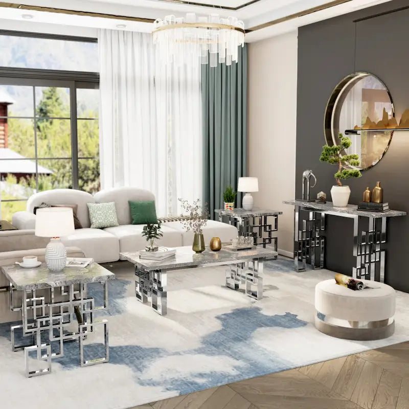 Console moderne Table de canapé de 140 cm avec plateau haute brillance et base en métal miroir pour entrée et salon