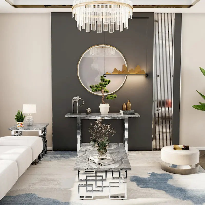Console moderne Table de canapé de 140 cm avec plateau haute brillance et base en métal miroir pour entrée et salon