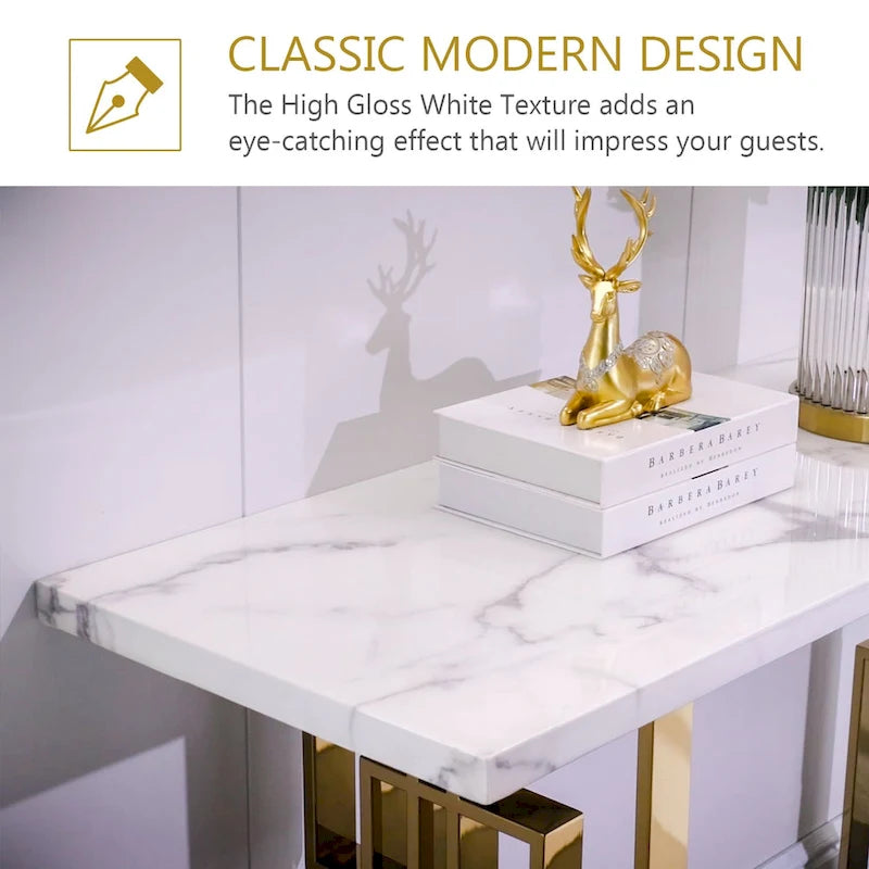 Console moderne Table de canapé de 140 cm avec plateau haute brillance et base en métal miroir pour entrée et salon