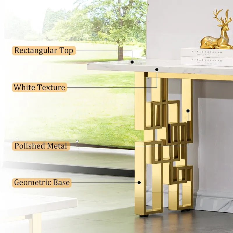 Console moderne Table de canapé de 140 cm avec plateau haute brillance et base en métal miroir pour entrée et salon