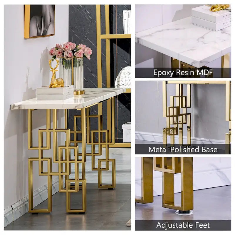Console moderne Table de canapé de 140 cm avec plateau haute brillance et base en métal miroir pour entrée et salon