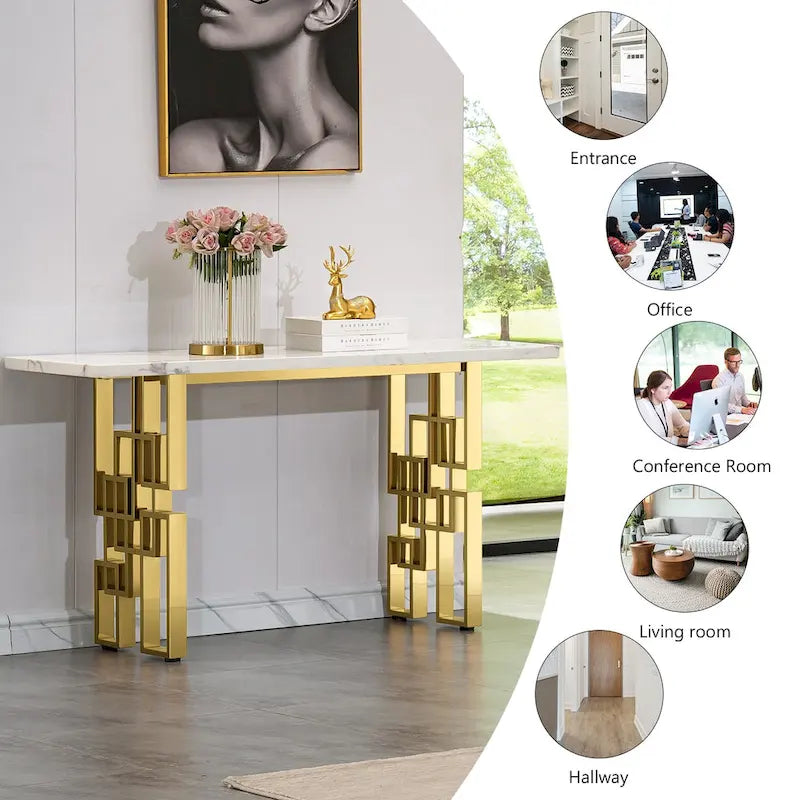 Console moderne Table de canapé de 140 cm avec plateau haute brillance et base en métal miroir pour entrée et salon