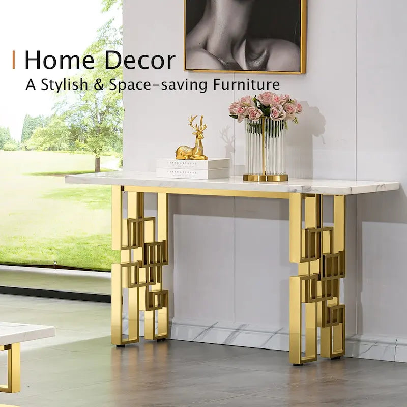 Console moderne Table de canapé de 140 cm avec plateau haute brillance et base en métal miroir pour entrée et salon