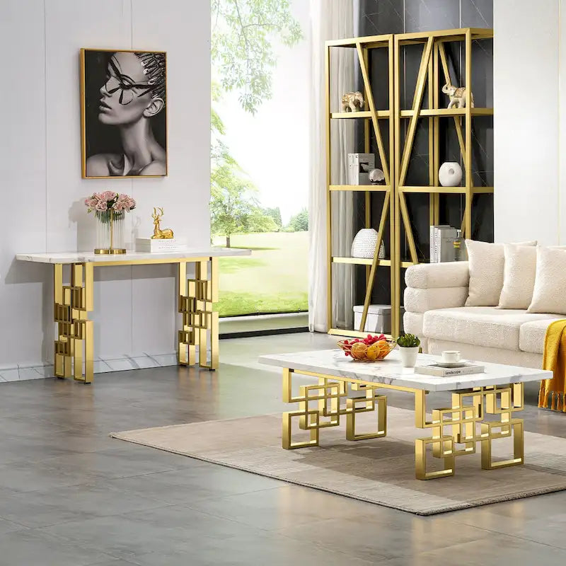 Console moderne Table de canapé de 140 cm avec plateau haute brillance et base en métal miroir pour entrée et salon