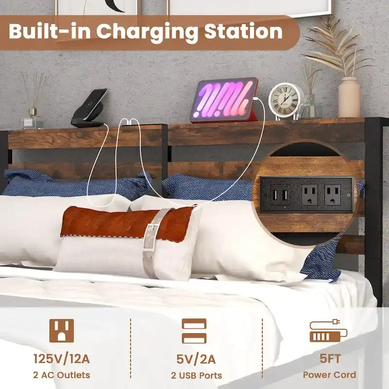 Cadre de lit en métal industriel avec station de charge et sommier