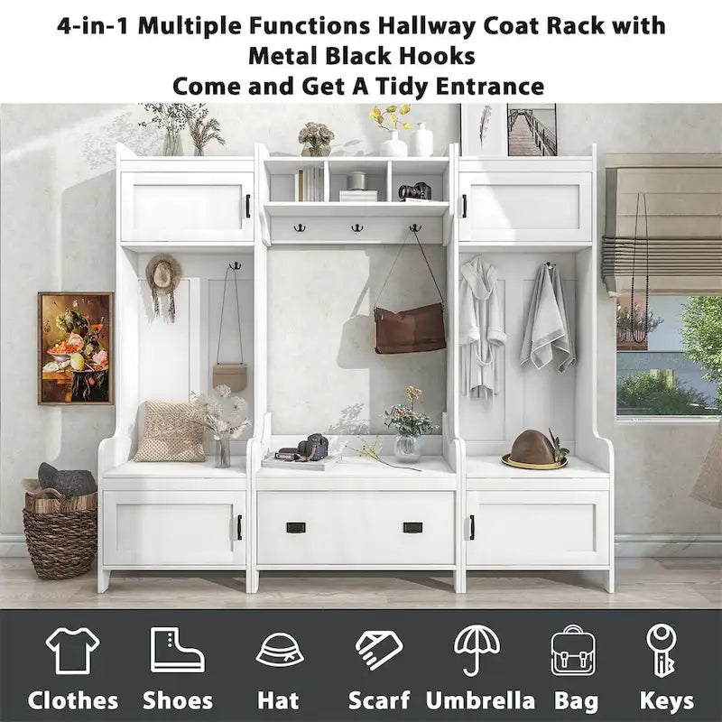 Banc de Rangement Multifonctionnel 4-en-1 avec 7 Patères Métalliques Noires pour Entrée