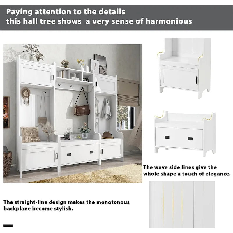 Banc de Rangement Multifonctionnel 4-en-1 avec 7 Patères Métalliques Noires pour Entrée