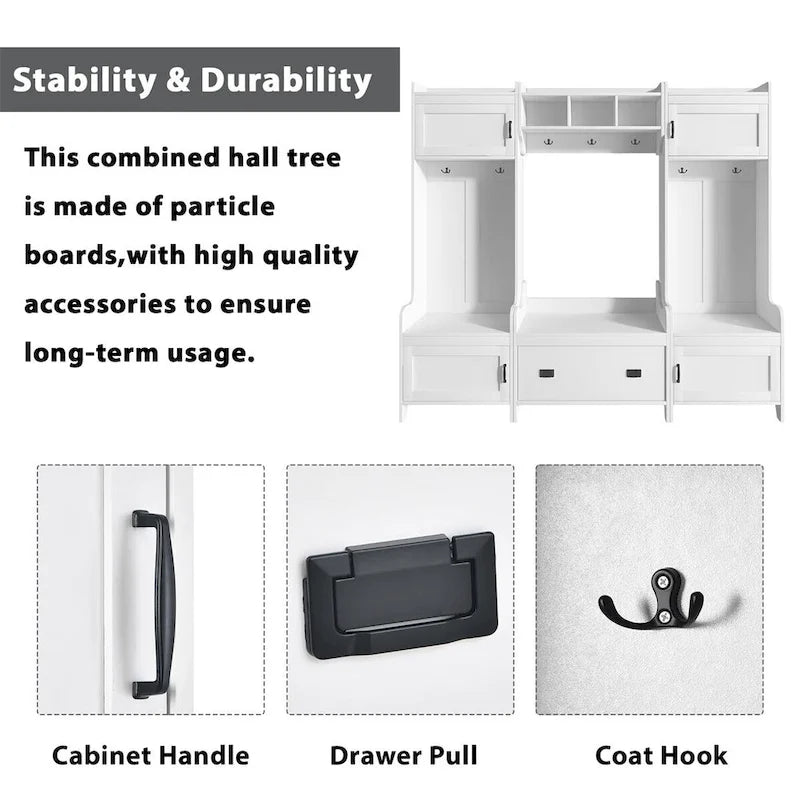 Banc de Rangement Multifonctionnel 4-en-1 avec 7 Patères Métalliques Noires pour Entrée