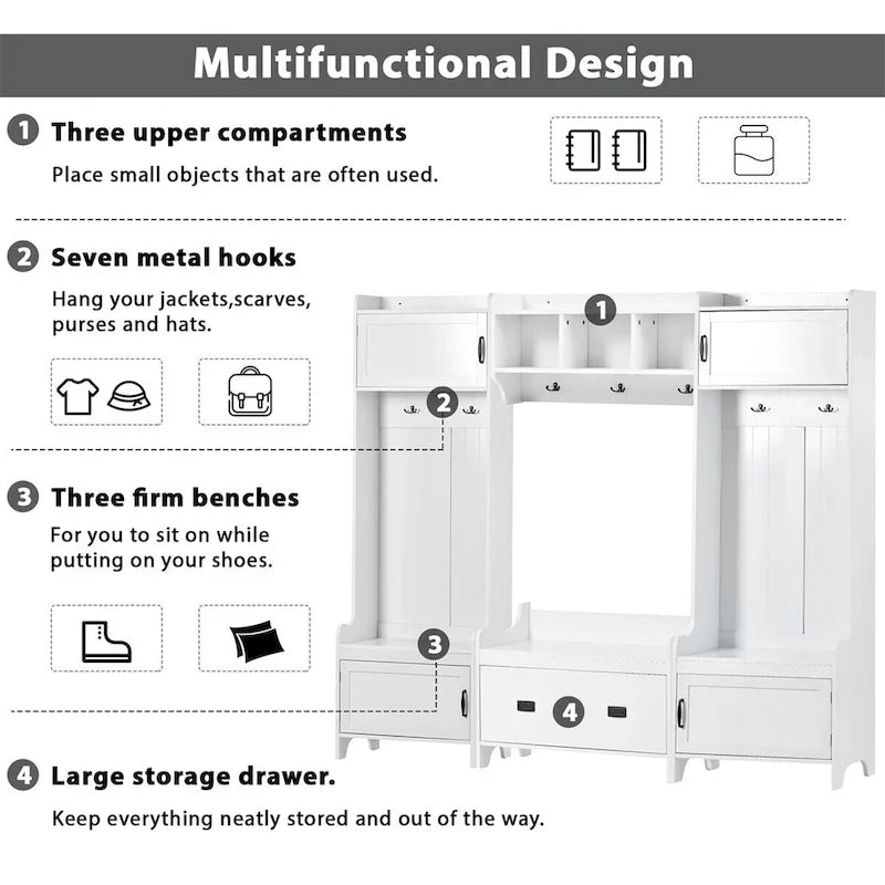Banc de Rangement Multifonctionnel 4-en-1 avec 7 Patères Métalliques Noires pour Entrée