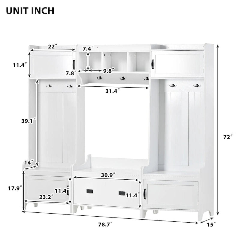 Banc de Rangement Multifonctionnel 4-en-1 avec 7 Patères Métalliques Noires pour Entrée