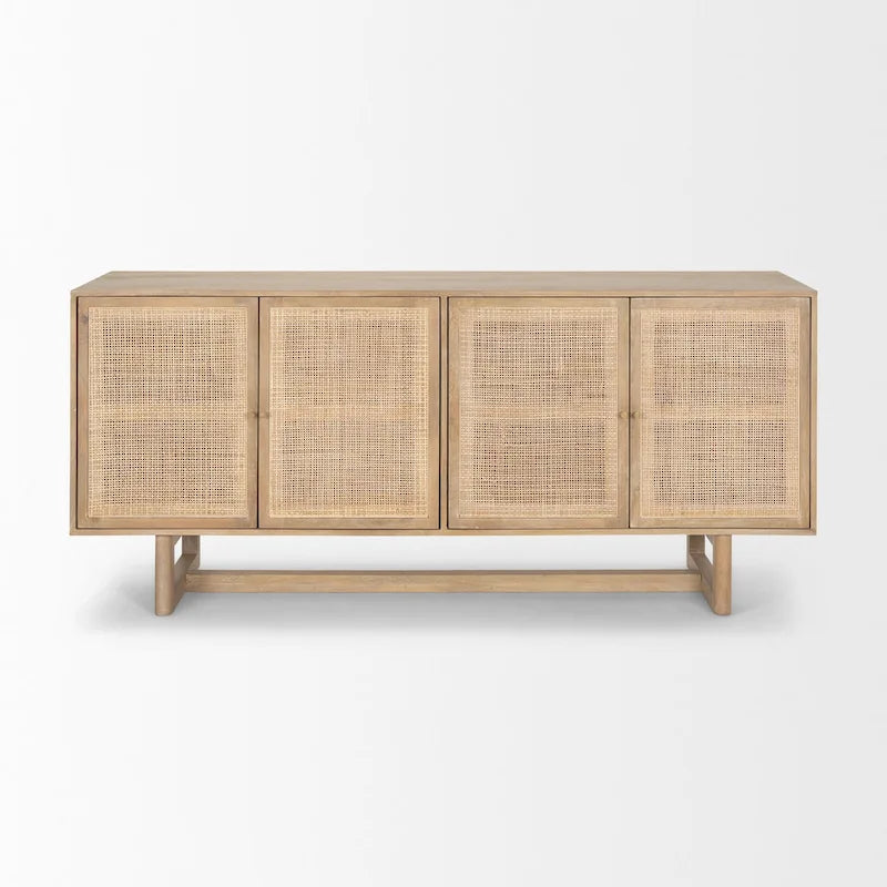 Buffet en bois massif marron clair avec cannage et 4 portes