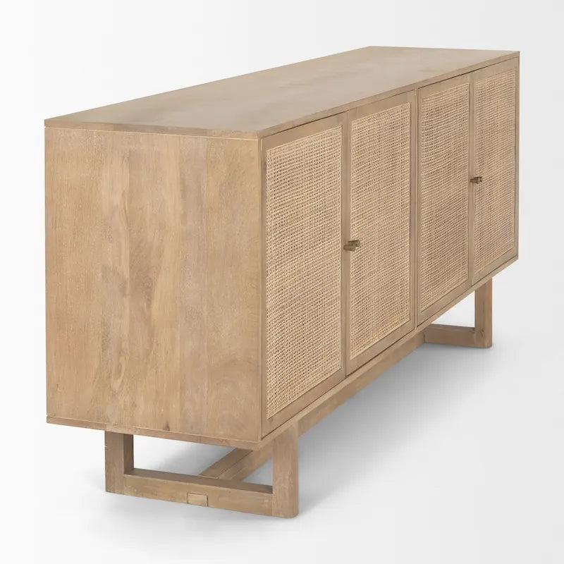 Buffet en bois massif marron clair avec cannage et 4 portes