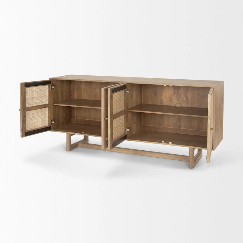 Buffet en bois massif marron clair avec cannage et 4 portes