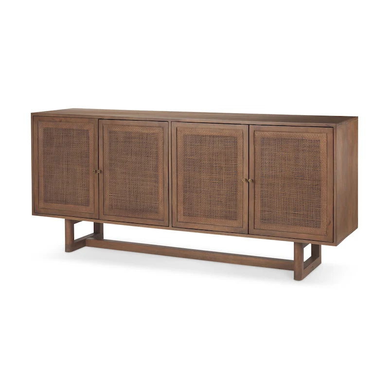 Buffet en bois massif marron clair avec cannage et 4 portes