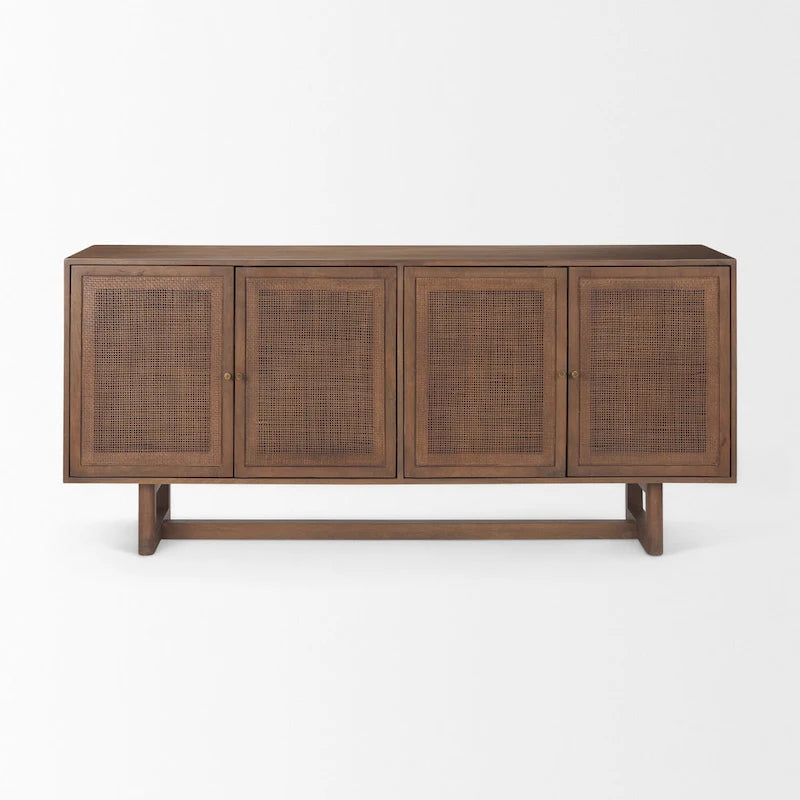 Buffet en bois massif marron clair avec cannage et 4 portes