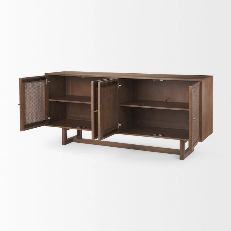 Buffet en bois massif marron clair avec cannage et 4 portes