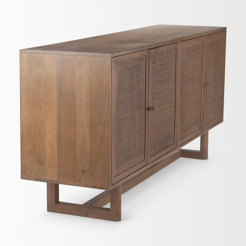 Buffet en bois massif marron clair avec cannage et 4 portes