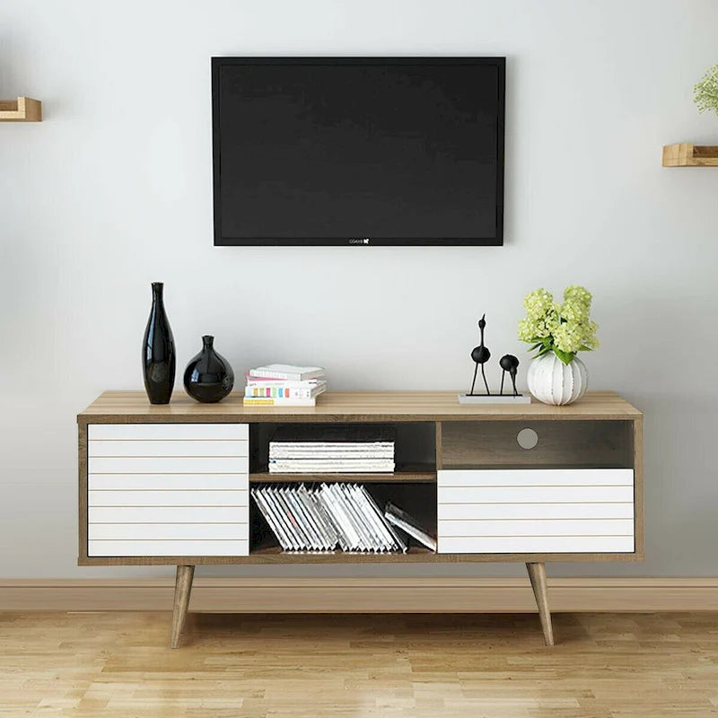 Meuble TV/Console moderne 3 étagères Rangement tiroir Pieds inclinés