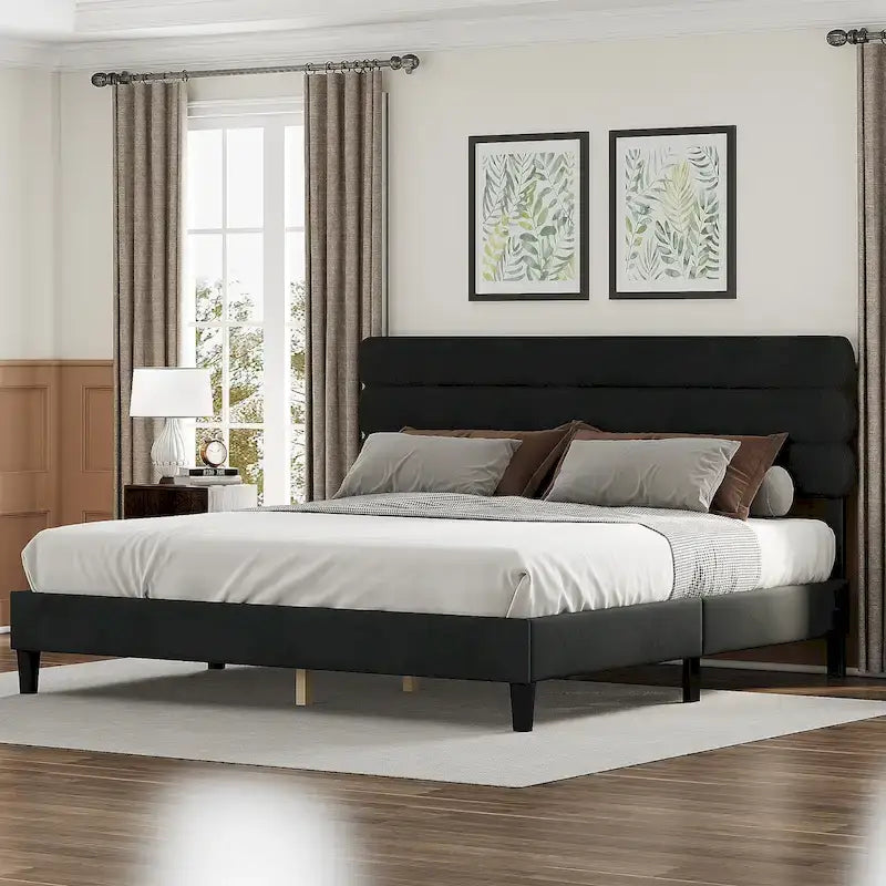 Cadre de lit King avec tête de lit, Lit plateforme robuste avec support à lattes en bois, Pas besoin de sommier tapissier, Foundation pour matelas, Montage facile