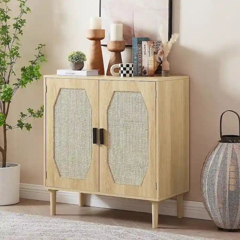 Meuble de rangement rustique avec 2 portes en rotin