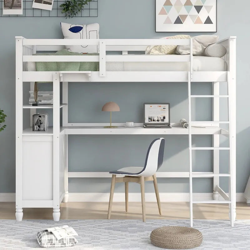 Lit mezzanine double avec bureau et commode, lit mezzanine en bois avec tiroirs de rangement et étagères pour enfants, adolescents, garçons et filles
