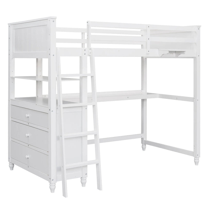 Lit mezzanine double avec bureau et commode, lit mezzanine en bois avec tiroirs de rangement et étagères pour enfants, adolescents, garçons et filles