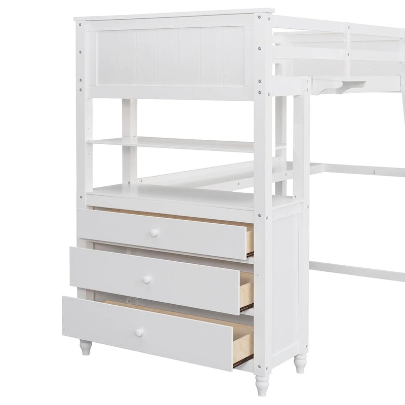 Lit mezzanine double avec bureau et commode, lit mezzanine en bois avec tiroirs de rangement et étagères pour enfants, adolescents, garçons et filles