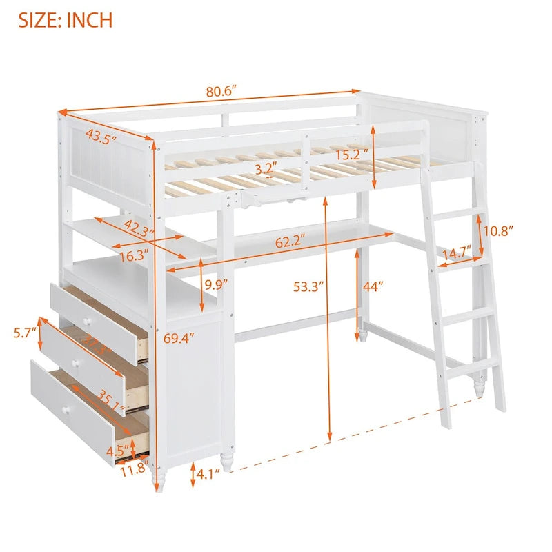 Lit mezzanine double avec bureau et commode, lit mezzanine en bois avec tiroirs de rangement et étagères pour enfants, adolescents, garçons et filles