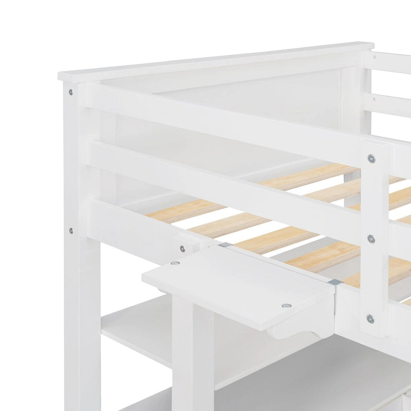 Lit mezzanine double avec bureau et commode, lit mezzanine en bois avec tiroirs de rangement et étagères pour enfants, adolescents, garçons et filles