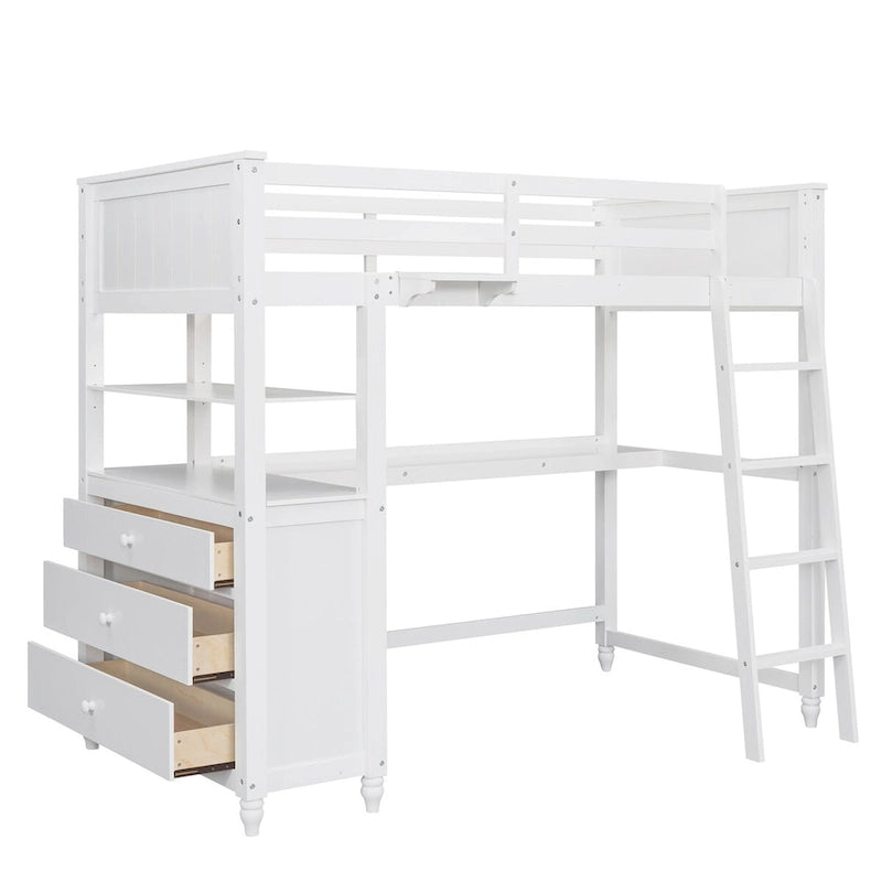 Lit mezzanine double avec bureau et commode, lit mezzanine en bois avec tiroirs de rangement et étagères pour enfants, adolescents, garçons et filles