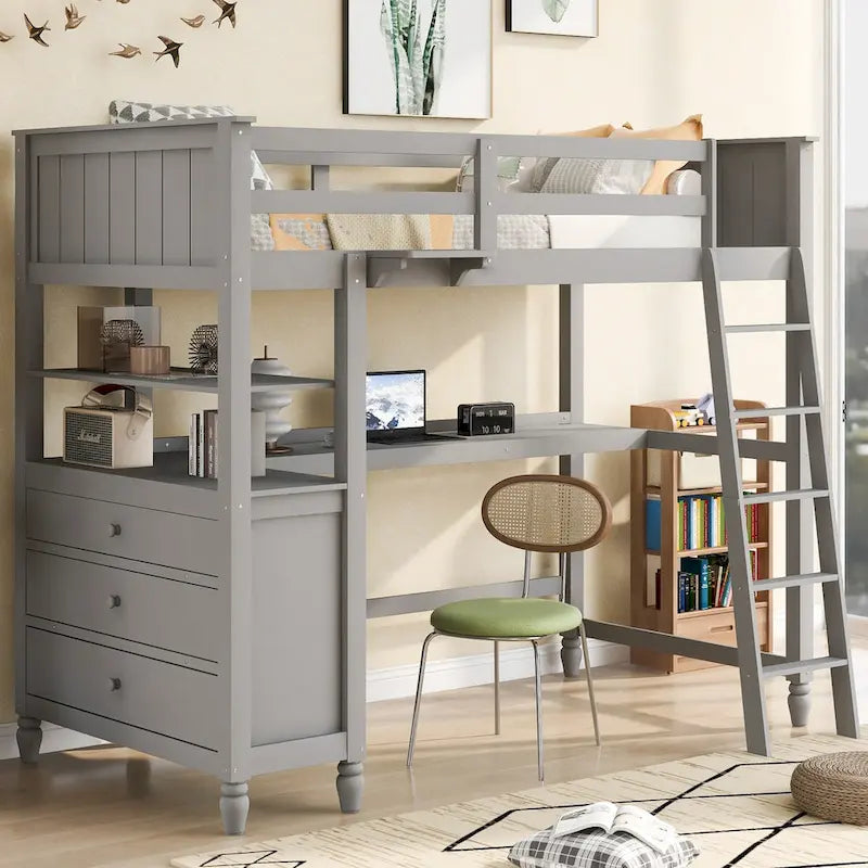 Lit mezzanine double avec bureau et commode, lit mezzanine en bois avec tiroirs de rangement et étagères pour enfants, adolescents, garçons et filles