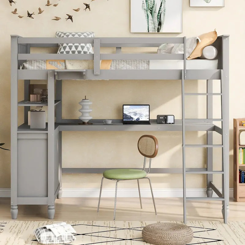 Lit mezzanine double avec bureau et commode, lit mezzanine en bois avec tiroirs de rangement et étagères pour enfants, adolescents, garçons et filles