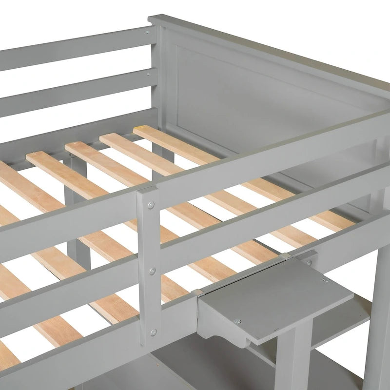 Lit mezzanine double avec bureau et commode, lit mezzanine en bois avec tiroirs de rangement et étagères pour enfants, adolescents, garçons et filles