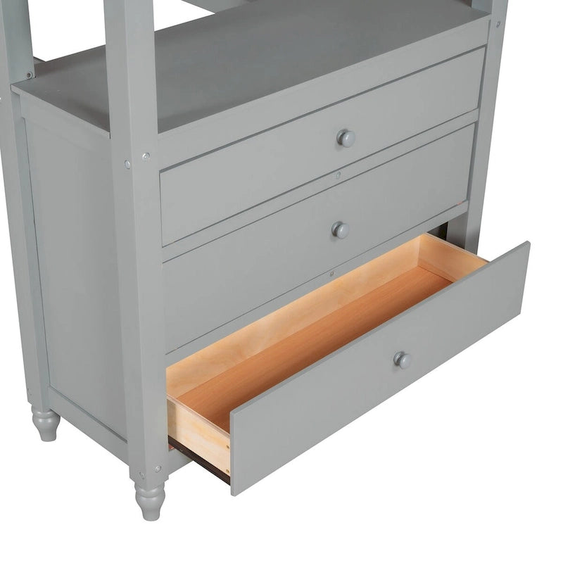 Lit mezzanine double avec bureau et commode, lit mezzanine en bois avec tiroirs de rangement et étagères pour enfants, adolescents, garçons et filles