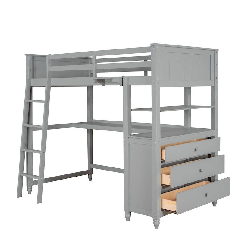 Lit mezzanine double avec bureau et commode, lit mezzanine en bois avec tiroirs de rangement et étagères pour enfants, adolescents, garçons et filles