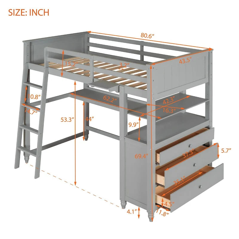 Lit mezzanine double avec bureau et commode, lit mezzanine en bois avec tiroirs de rangement et étagères pour enfants, adolescents, garçons et filles
