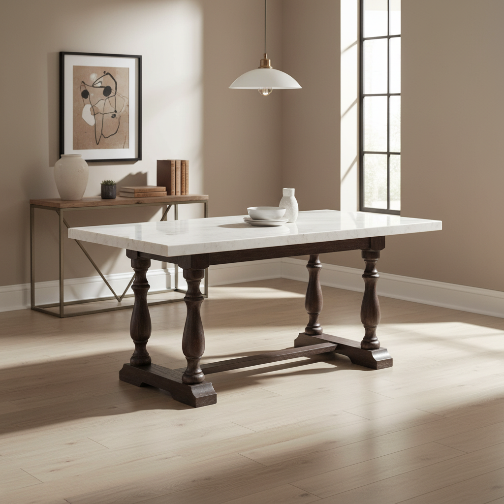 Table à manger en bois avec plateau en marbre, blanc et marron