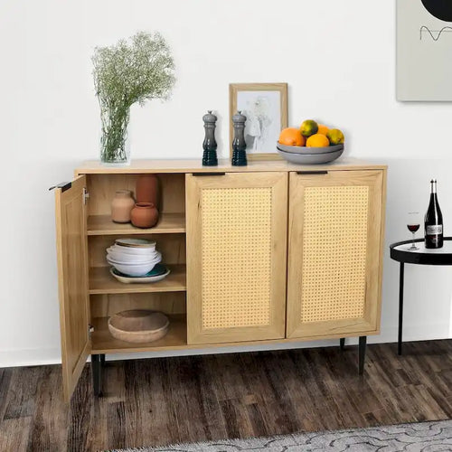 47.24 Meuble de rangement en bois avec 3 portes en rotin et 3 étagères