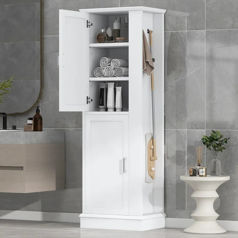 Meuble de rangement haut de salle de bain, meuble de rangement autoportant avec crochet et étagère réglable, panneau MDF, blanc
