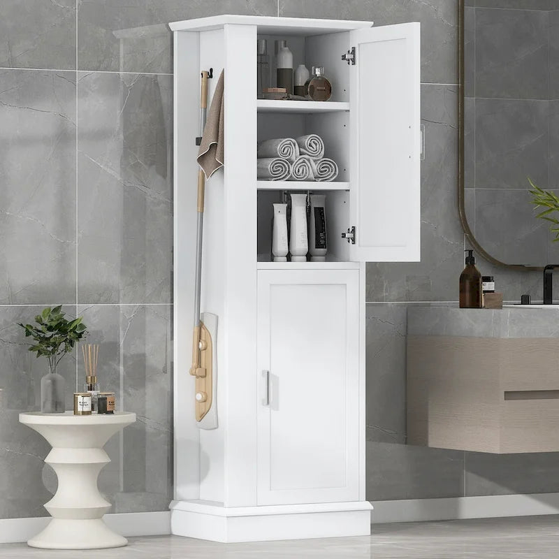 Meuble de rangement haut de salle de bain, meuble de rangement autoportant avec crochet et étagère réglable, panneau MDF, blanc