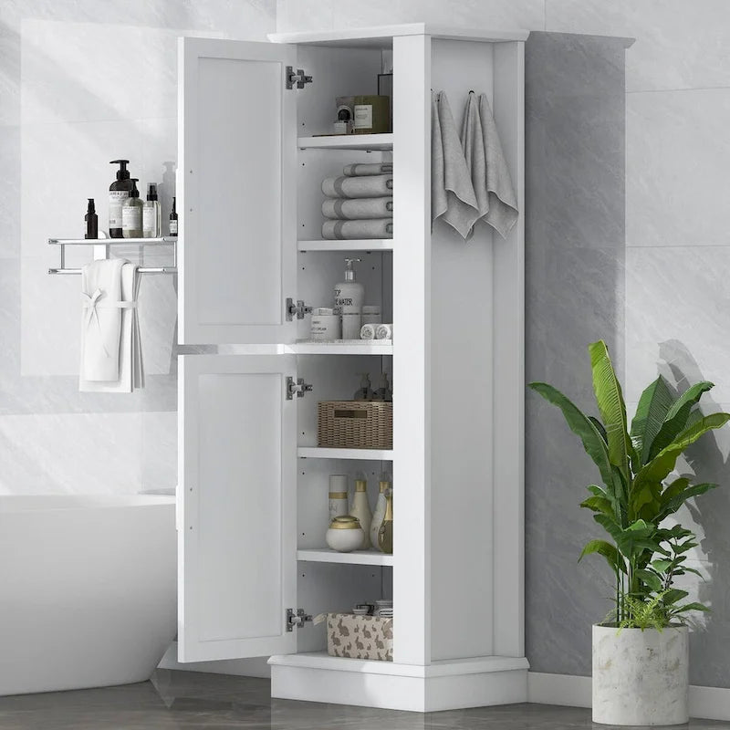 Meuble de rangement haut de salle de bain, meuble de rangement autoportant avec crochet et étagère réglable, panneau MDF, blanc