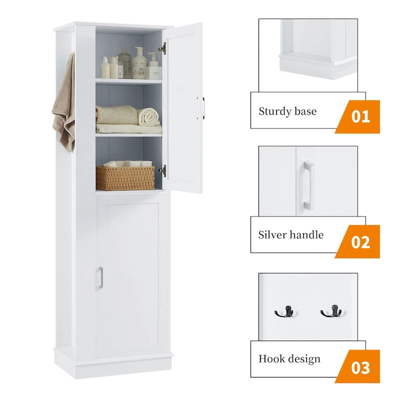 Meuble de rangement haut de salle de bain, meuble de rangement autoportant avec crochet et étagère réglable, panneau MDF, blanc