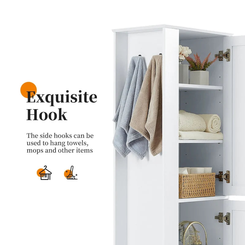 Meuble de rangement haut de salle de bain, meuble de rangement autoportant avec crochet et étagère réglable, panneau MDF, blanc